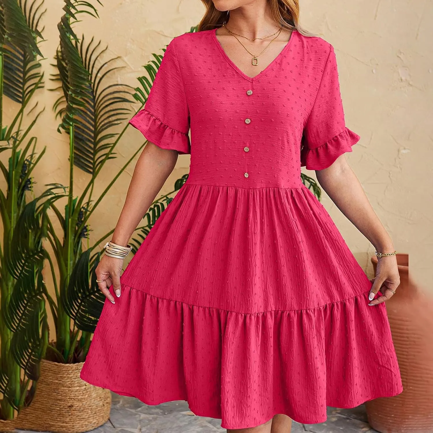 Summer Dresses for Women, 2025 Button Front V Neck Tunic Dresses Soft Comfy Short Sleeve Ruffle Vacation Mini Dress