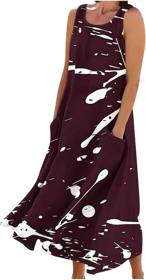 Summer Dresses for Women 2025 Cotton Linen Maxi Tank Dress Fashion Floral Beach Sundresses Spring Boho Outfits with Pockets