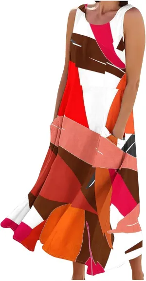 Summer Dresses for Women 2025 Cotton Linen Maxi Tank Dress Fashion Floral Beach Sundresses Spring Boho Outfits with Pockets