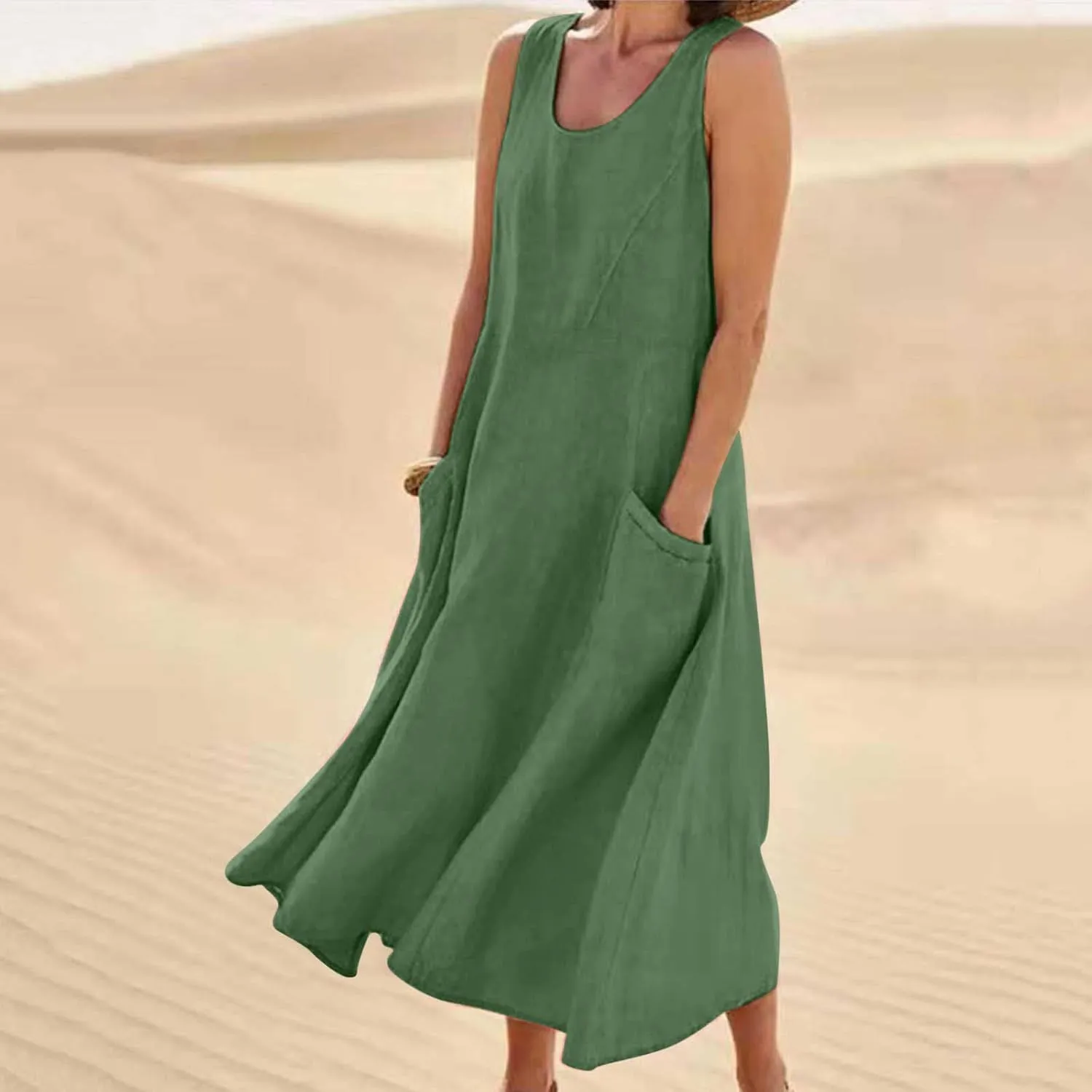 Summer Dresses for Women 2025 Cotton Linen Sleeveless Maxi Dress Casual Beach Plus Size Sundresses with Pockets