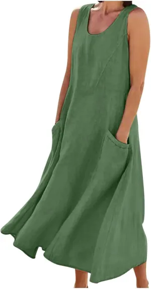 Summer Dresses for Women 2025 Cotton Linen Sleeveless Maxi Dress Casual Beach Plus Size Sundresses with Pockets