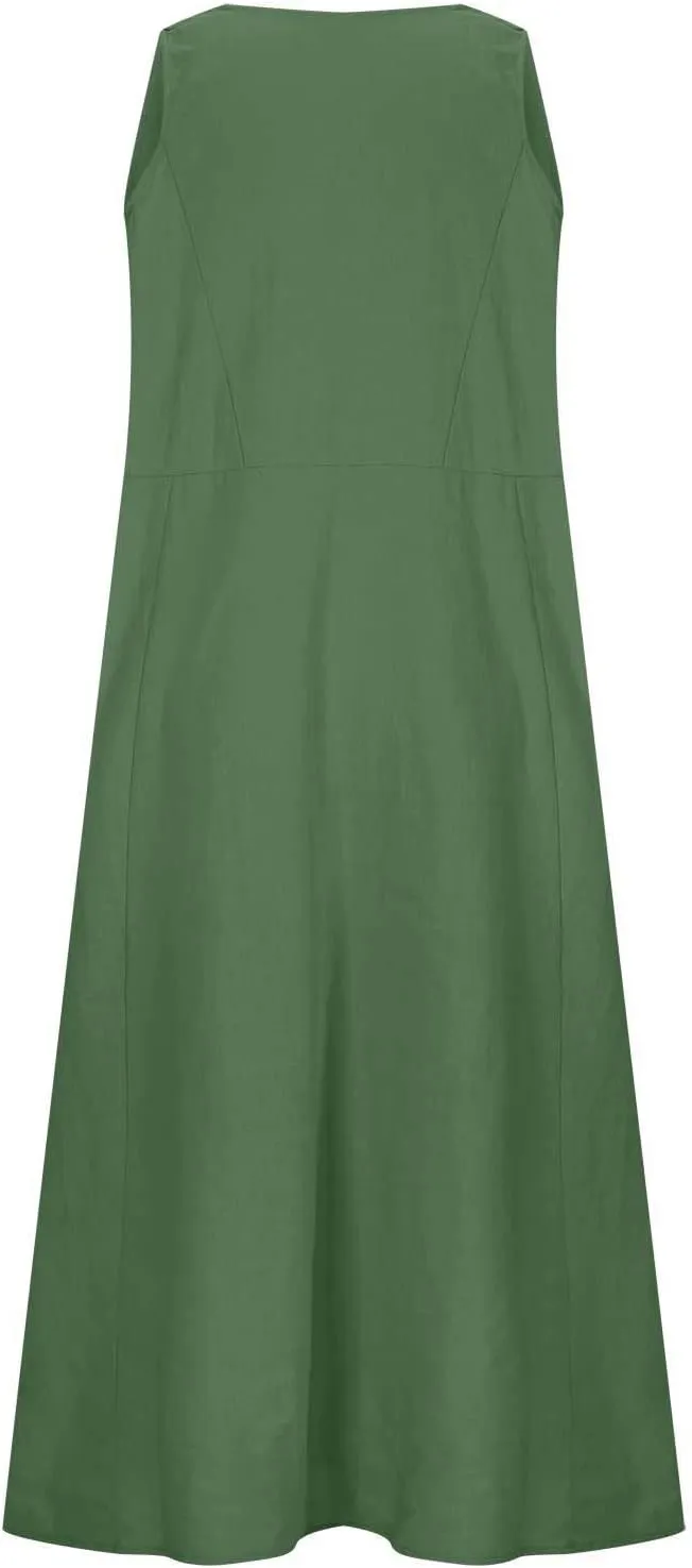 Summer Dresses for Women 2025 Cotton Linen Sleeveless Maxi Dress Casual Beach Plus Size Sundresses with Pockets