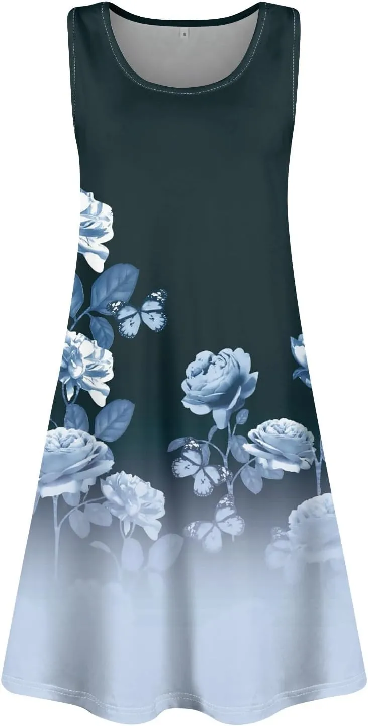 Summer Dresses for Women 2025 Cute Floral Mini Dress Beach Cover Up Casual Loose Scoop Neck Sundress with Pockets