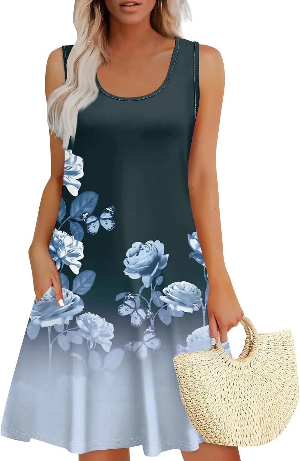Summer Dresses for Women 2025 Cute Floral Mini Dress Beach Cover Up Casual Loose Scoop Neck Sundress with Pockets