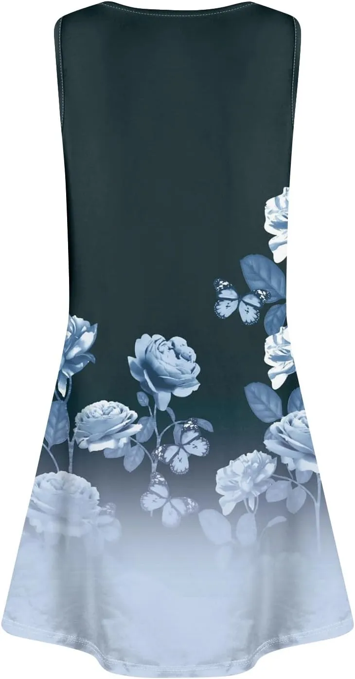 Summer Dresses for Women 2025 Cute Floral Mini Dress Beach Cover Up Casual Loose Scoop Neck Sundress with Pockets