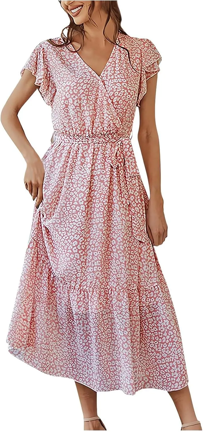 Summer Dresses for Women 2025 Floral Boho Dress Wrap V Neck Short Sleeve Ruffle A-Line Flowy Maxi Wedding Guest Dresses