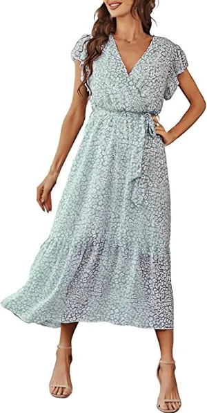 Summer Dresses for Women 2025 Floral Boho Dress Wrap V Neck Short Sleeve Ruffle A-Line Flowy Maxi Wedding Guest Dresses