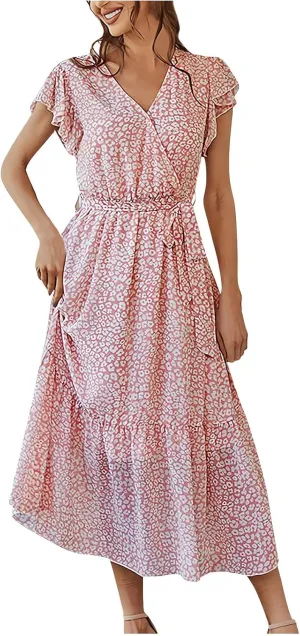 Summer Dresses for Women 2025 Floral Boho Dress Wrap V Neck Short Sleeve Ruffle A-Line Flowy Maxi Wedding Guest Dresses