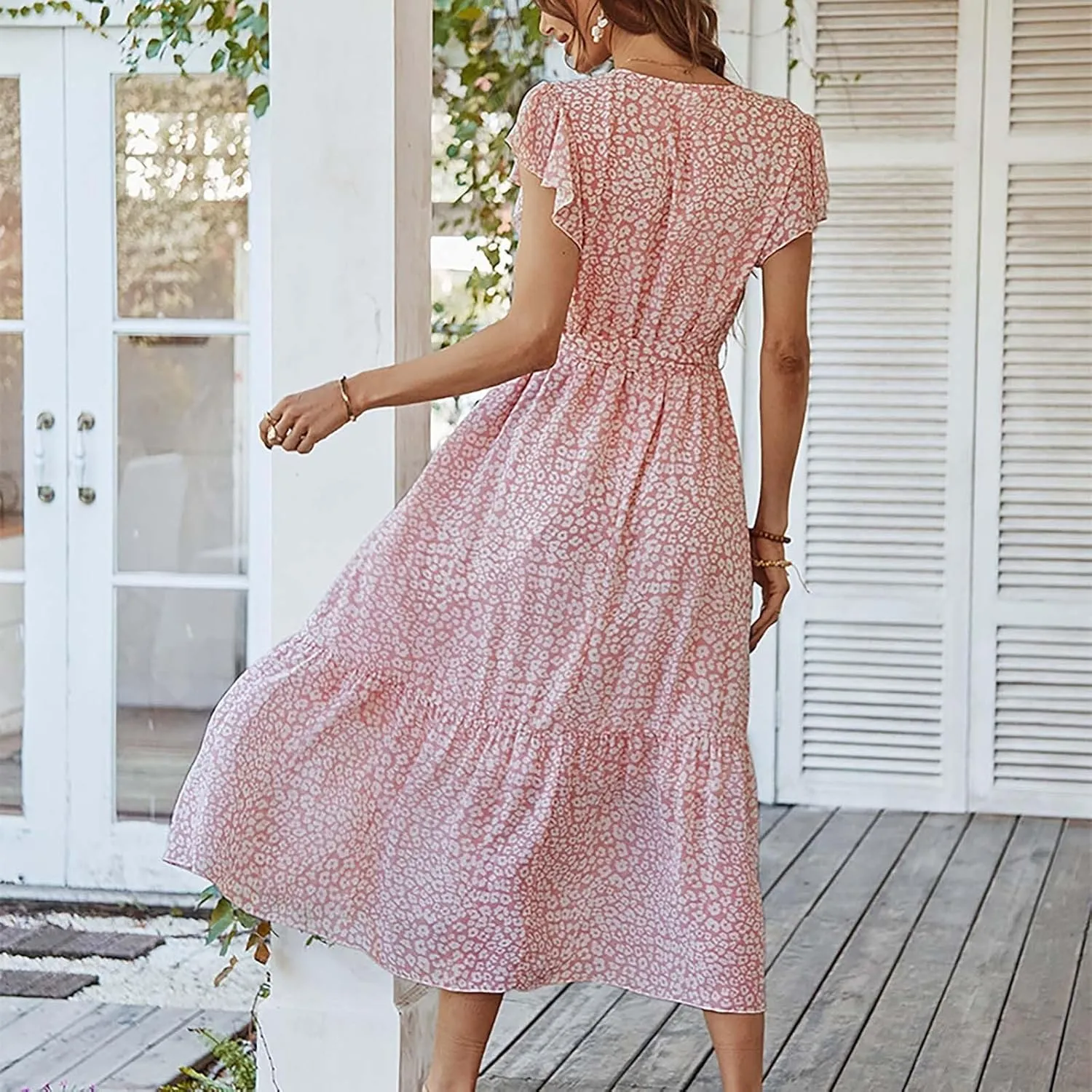 Summer Dresses for Women 2025 Floral Boho Dress Wrap V Neck Short Sleeve Ruffle A-Line Flowy Maxi Wedding Guest Dresses