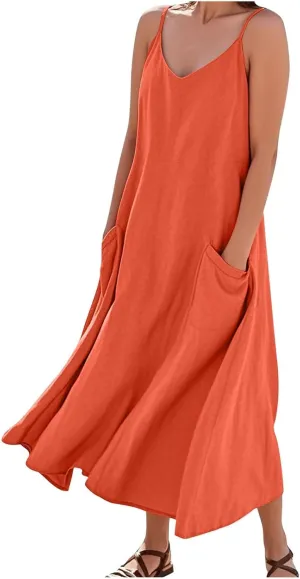Summer Dresses for Women 2025 Plus Size Sleeveless Linen Dresses Casual Flowy Beach Maxi Sun Dress with Pocket