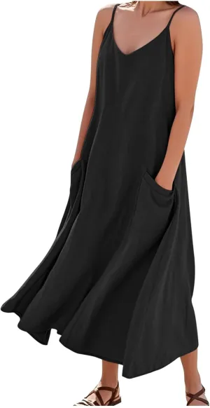 Summer Dresses for Women 2025 Plus Size Sleeveless Linen Dresses Casual Flowy Beach Maxi Sun Dress with Pocket
