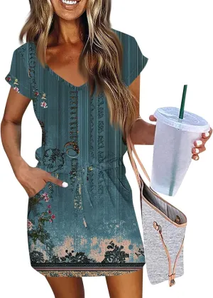 Summer Dresses for Women 2025 Sundress Short Sleeve V Neck Beach Vacation A-Line Double Layer Hem Mini Dresses