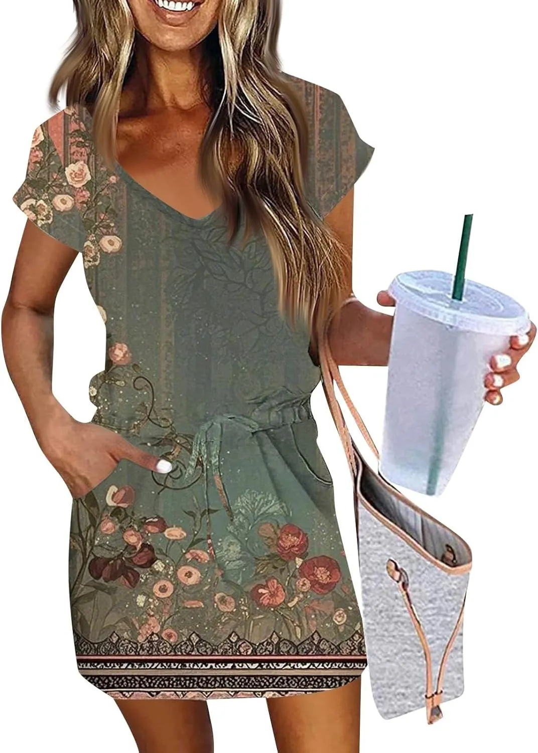 Summer Dresses for Women 2025 Sundress Short Sleeve V Neck Beach Vacation A-Line Double Layer Hem Mini Dresses
