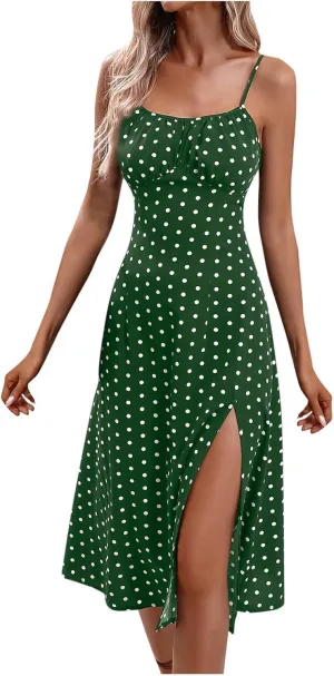 Summer Dresses for Women 2025 Trendy Casual Polka Dot Spaghetti Strap Dress Boho Vacation Side Split Sundresses