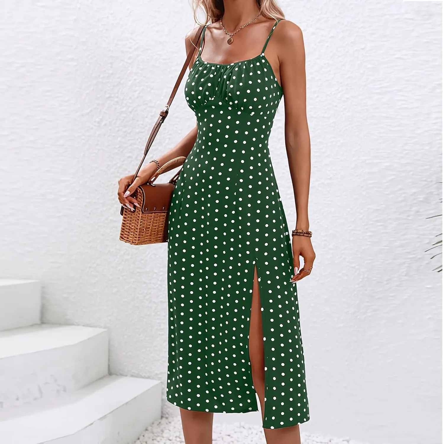 Summer Dresses for Women 2025 Trendy Casual Polka Dot Spaghetti Strap Dress Boho Vacation Side Split Sundresses