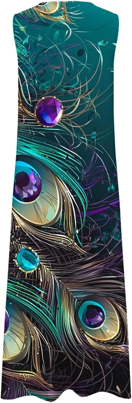 Summer Dresses for Women 2025 Vacation Crewneck Sleeveless Sundresses Casual Loose Flowy Floral Boho Beach Long Dress