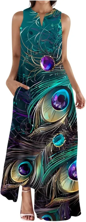 Summer Dresses for Women 2025 Vacation Crewneck Sleeveless Sundresses Casual Loose Flowy Floral Boho Beach Long Dress