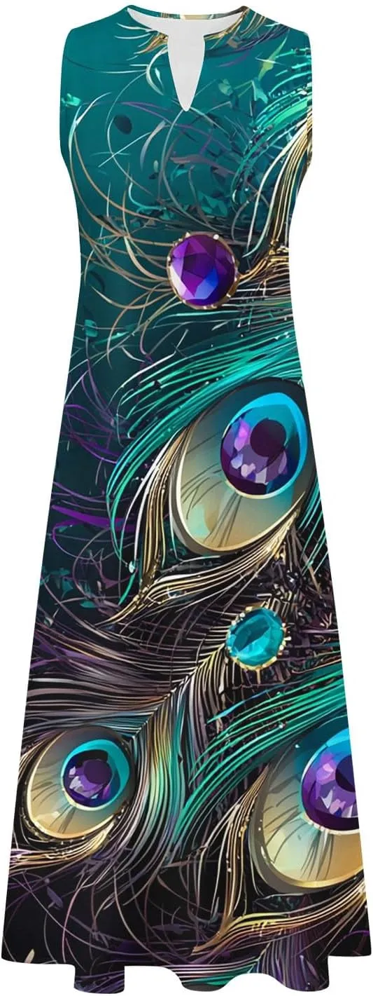 Summer Dresses for Women 2025 Vacation Crewneck Sleeveless Sundresses Casual Loose Flowy Floral Boho Beach Long Dress