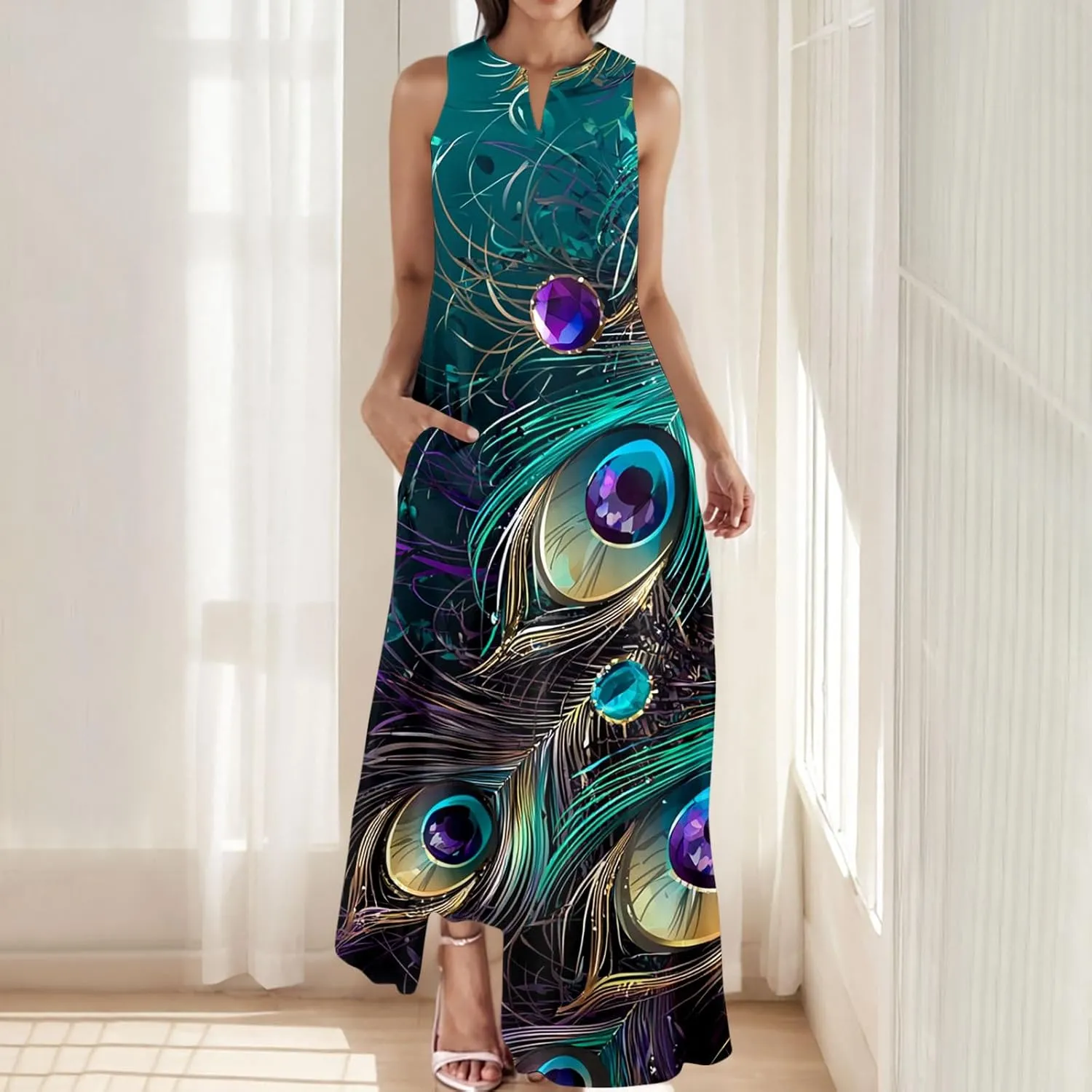 Summer Dresses for Women 2025 Vacation Crewneck Sleeveless Sundresses Casual Loose Flowy Floral Boho Beach Long Dress