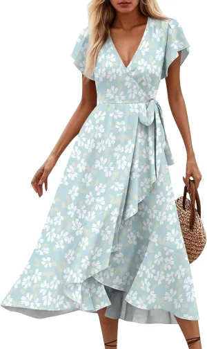 Summer Dresses for Women 2025,Womens Wrap V Neck Casual Dresses Floral Short Sleeve A-Line Ruffle Midi Sundress