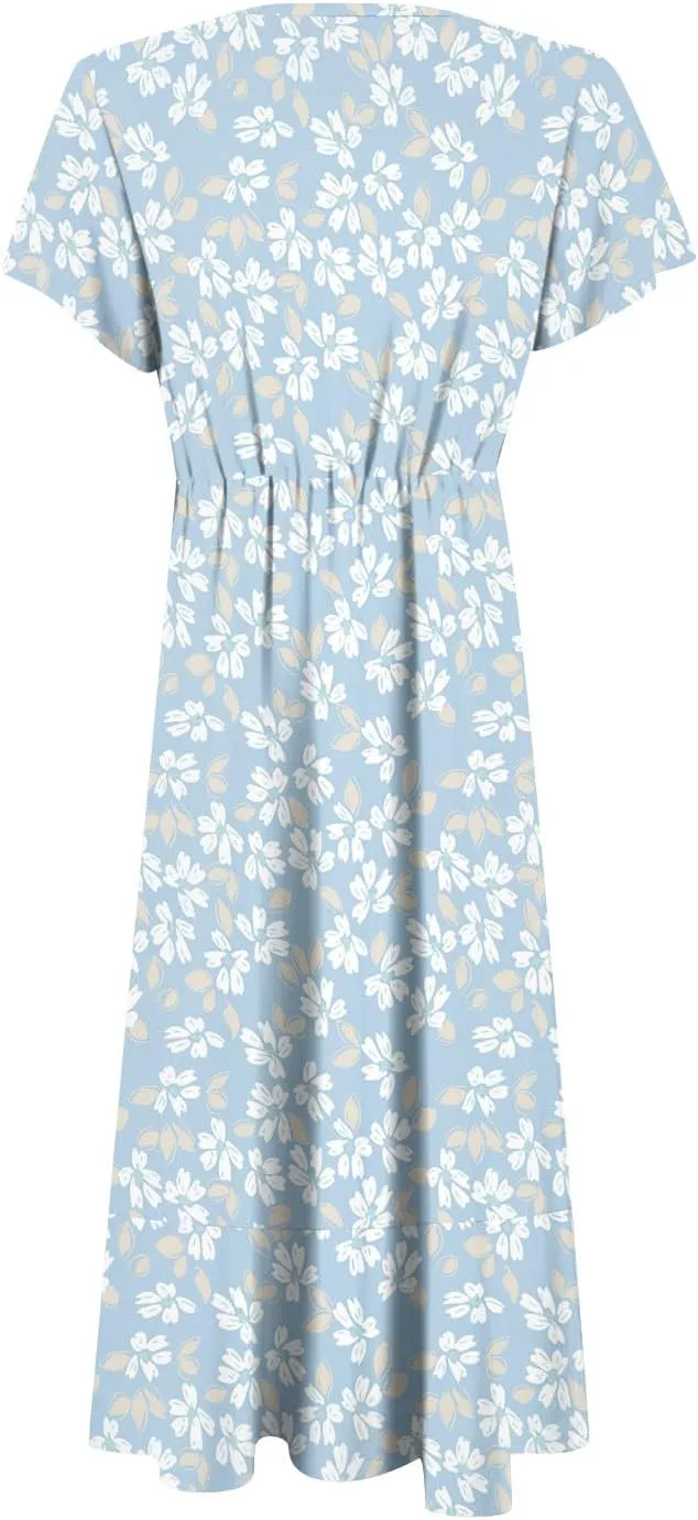Summer Dresses for Women 2025,Womens Wrap V Neck Casual Dresses Floral Short Sleeve A-Line Ruffle Midi Sundress