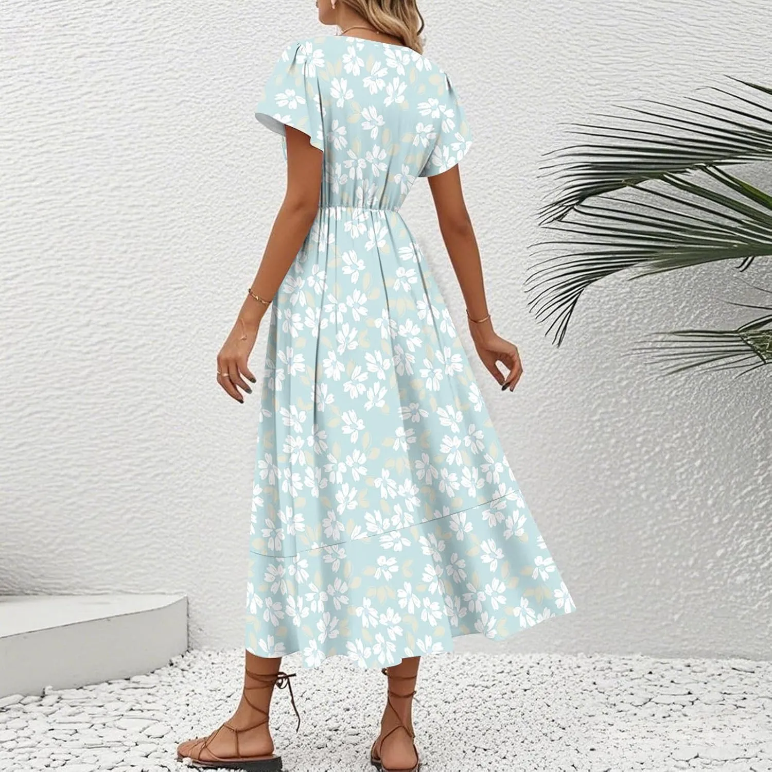 Summer Dresses for Women 2025,Womens Wrap V Neck Casual Dresses Floral Short Sleeve A-Line Ruffle Midi Sundress