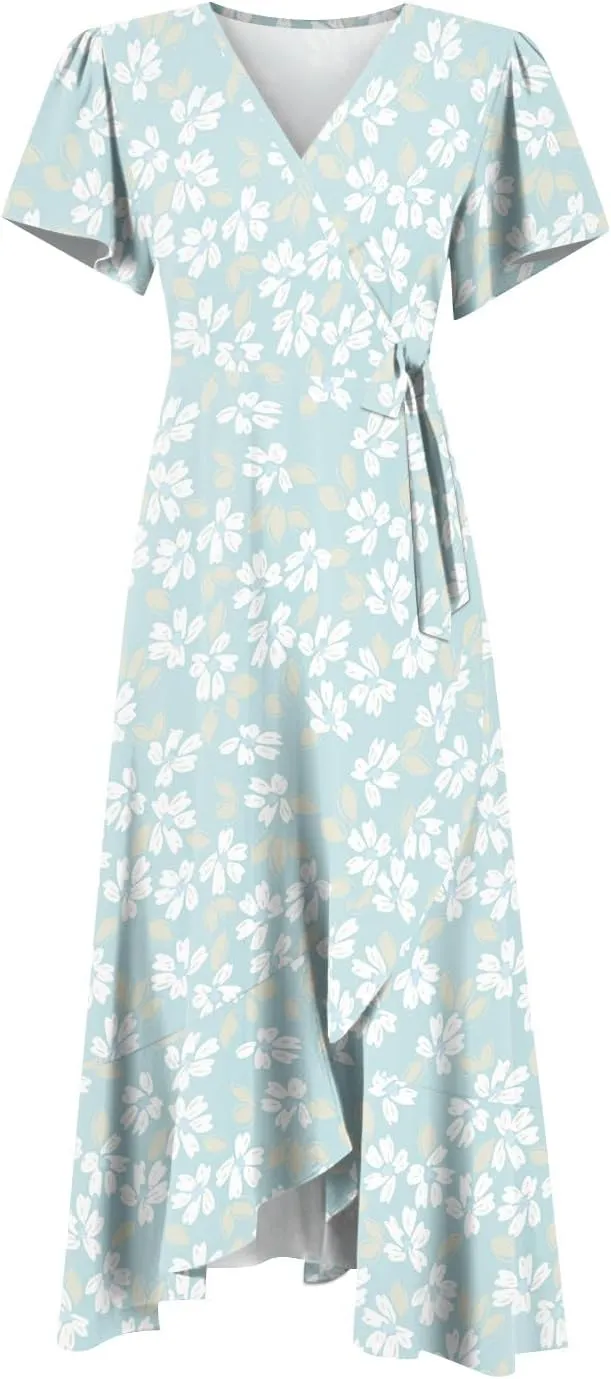 Summer Dresses for Women 2025,Womens Wrap V Neck Casual Dresses Floral Short Sleeve A-Line Ruffle Midi Sundress