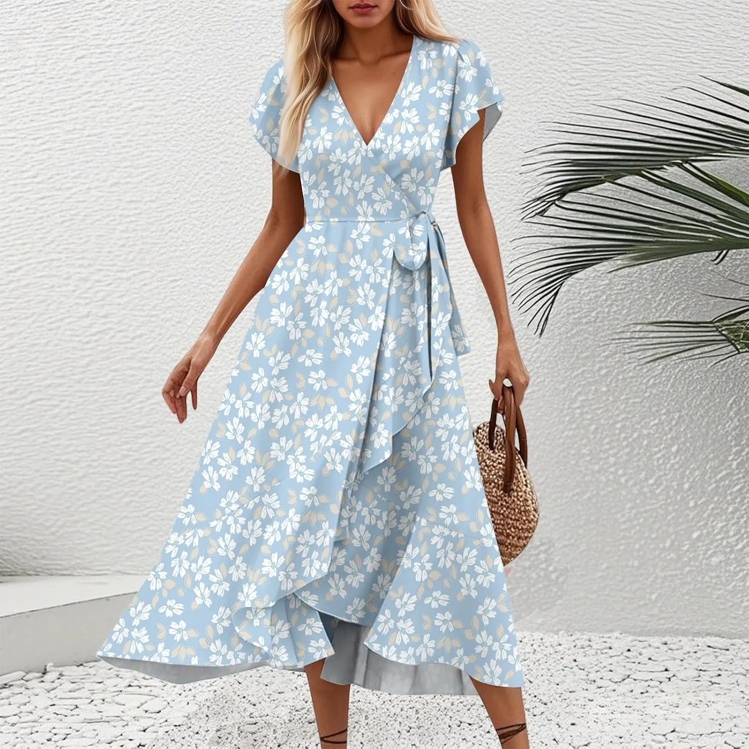 Summer Dresses for Women 2025,Womens Wrap V Neck Casual Dresses Floral Short Sleeve A-Line Ruffle Midi Sundress