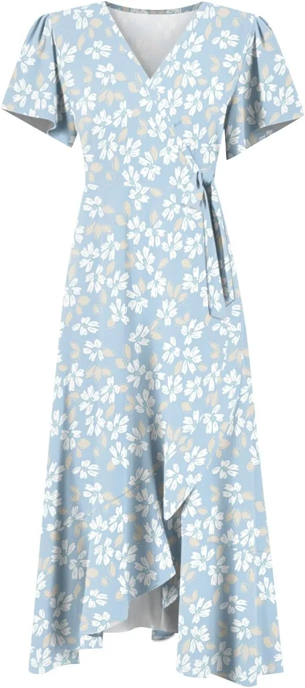 Summer Dresses for Women 2025,Womens Wrap V Neck Casual Dresses Floral Short Sleeve A-Line Ruffle Midi Sundress