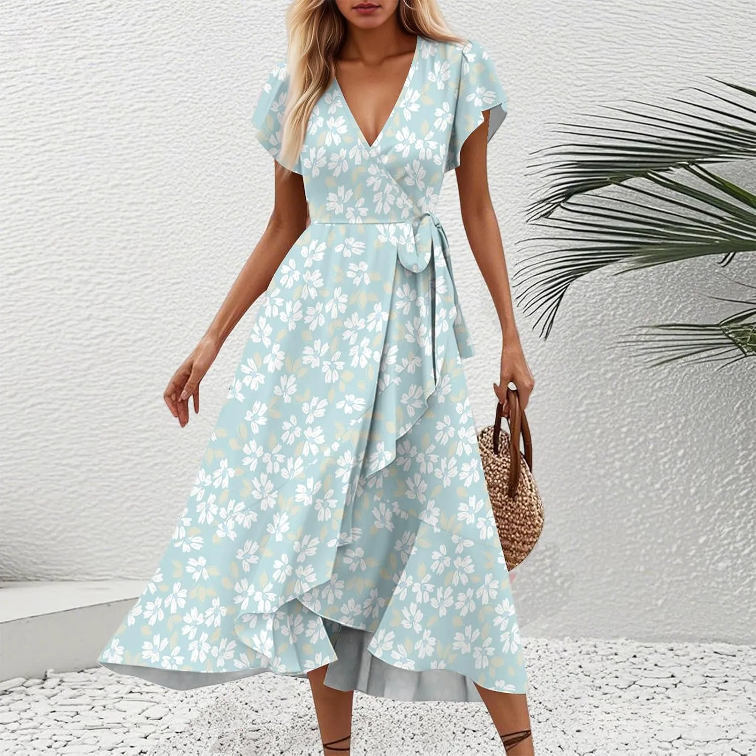 Summer Dresses for Women 2025,Womens Wrap V Neck Casual Dresses Floral Short Sleeve A-Line Ruffle Midi Sundress