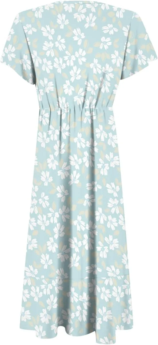 Summer Dresses for Women 2025,Womens Wrap V Neck Casual Dresses Floral Short Sleeve A-Line Ruffle Midi Sundress