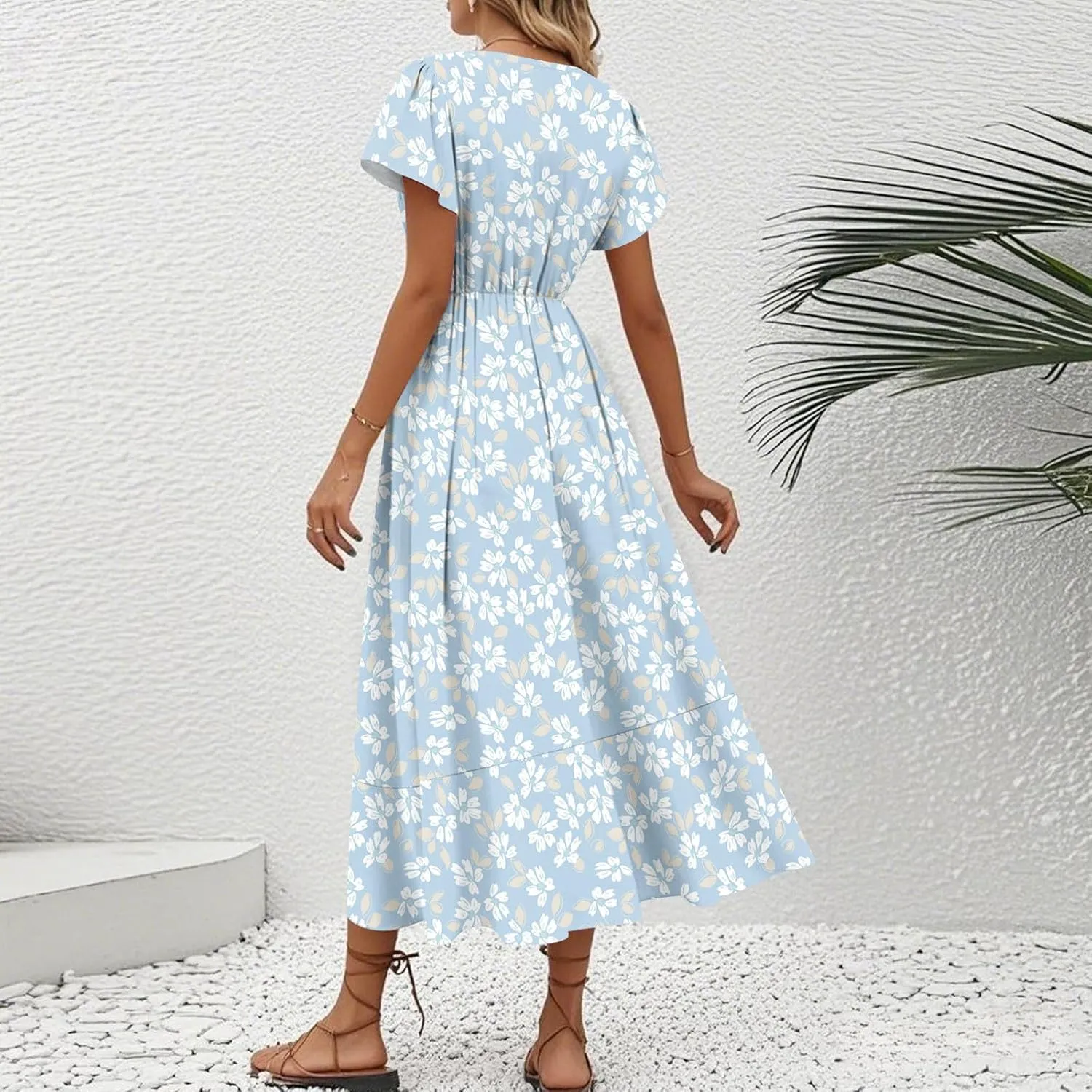 Summer Dresses for Women 2025,Womens Wrap V Neck Casual Dresses Floral Short Sleeve A-Line Ruffle Midi Sundress