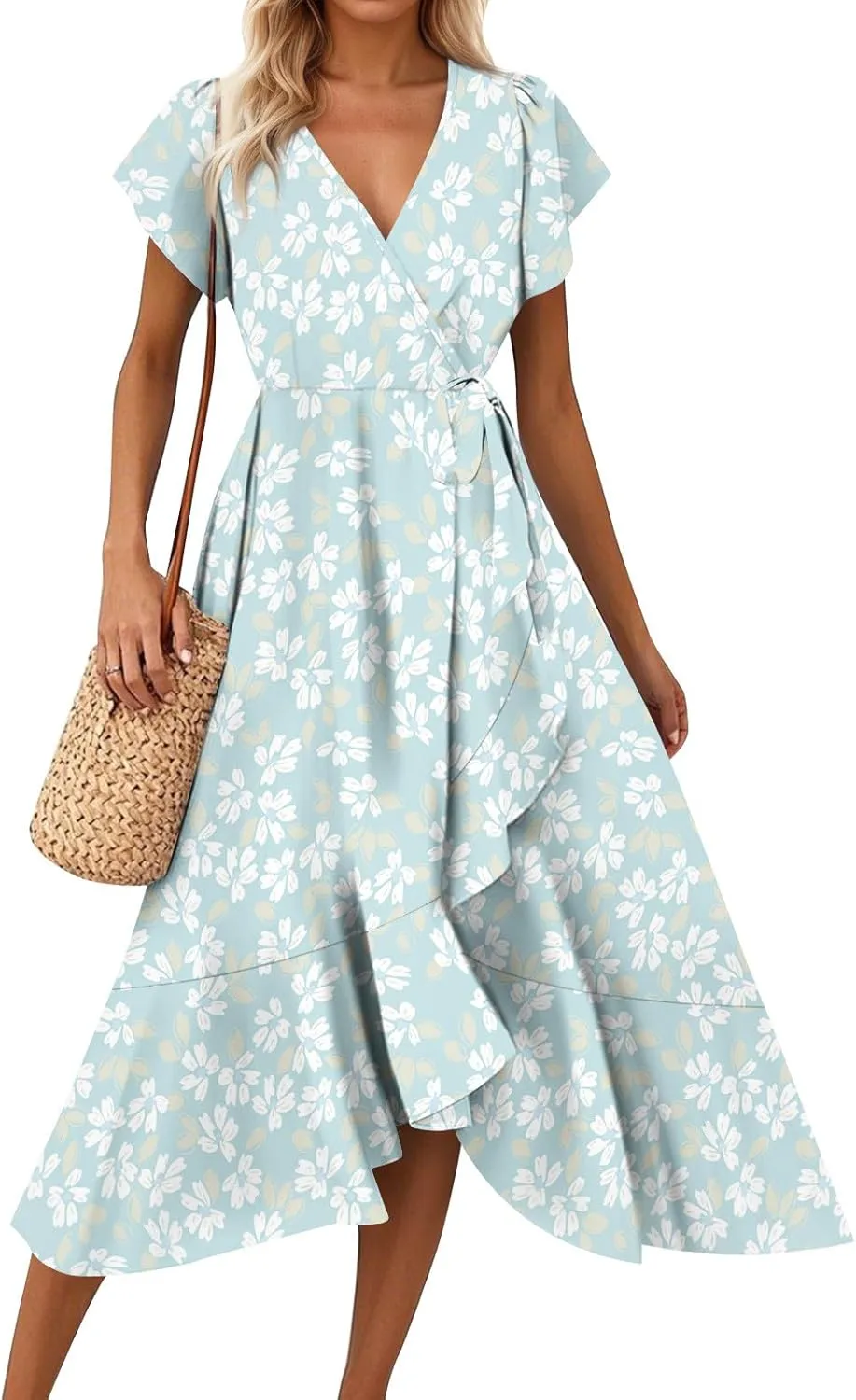 Summer Dresses for Women 2025,Womens Wrap V Neck Casual Dresses Floral Short Sleeve A-Line Ruffle Midi Sundress