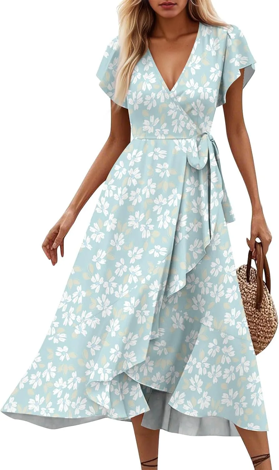 Summer Dresses for Women 2025,Womens Wrap V Neck Casual Dresses Floral Short Sleeve A-Line Ruffle Midi Sundress