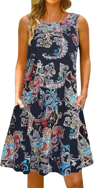 Summer Dresses for Women Beach Boho Sleeveless Vintage Floral Flowy Pocket Tshirt Tank Sundresses Round Neck Swing Dress
