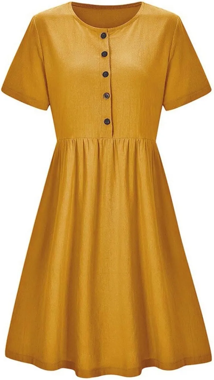 Summer Dresses for Women Casual Cotton Linen Dress Sundress Henley Flowy Vacation Beach Midi Dress