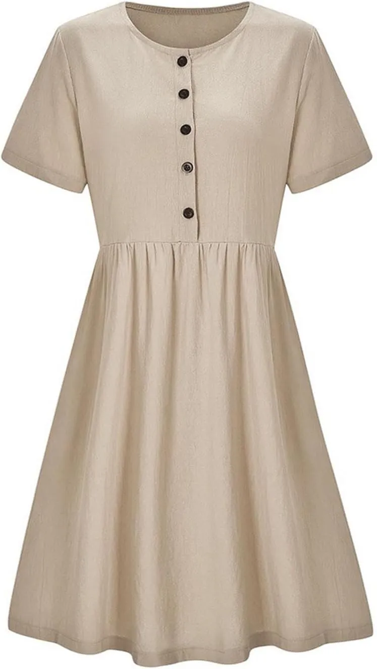 Summer Dresses for Women Casual Cotton Linen Dress Sundress Henley Flowy Vacation Beach Midi Dress