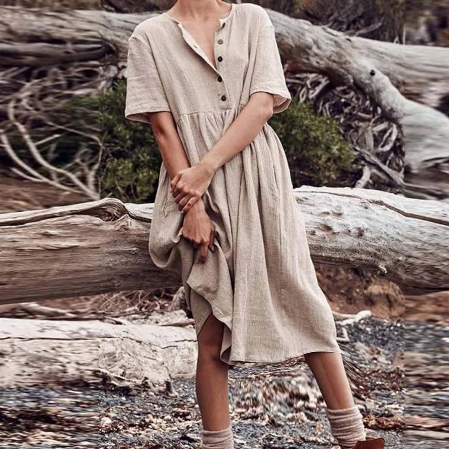 Summer Dresses for Women Casual Cotton Linen Dress Sundress Henley Flowy Vacation Beach Midi Dress