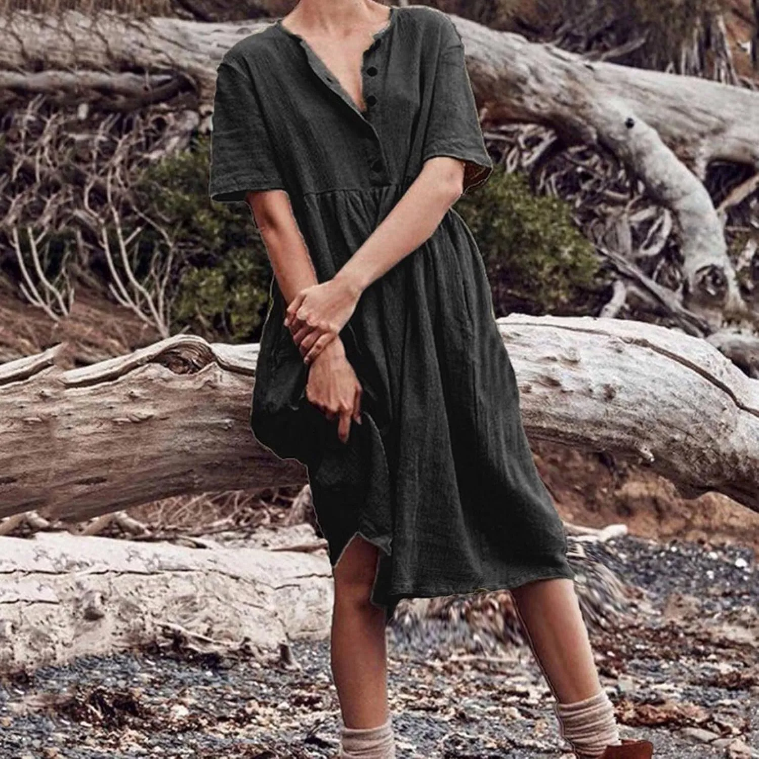 Summer Dresses for Women Casual Cotton Linen Dress Sundress Henley Flowy Vacation Beach Midi Dress