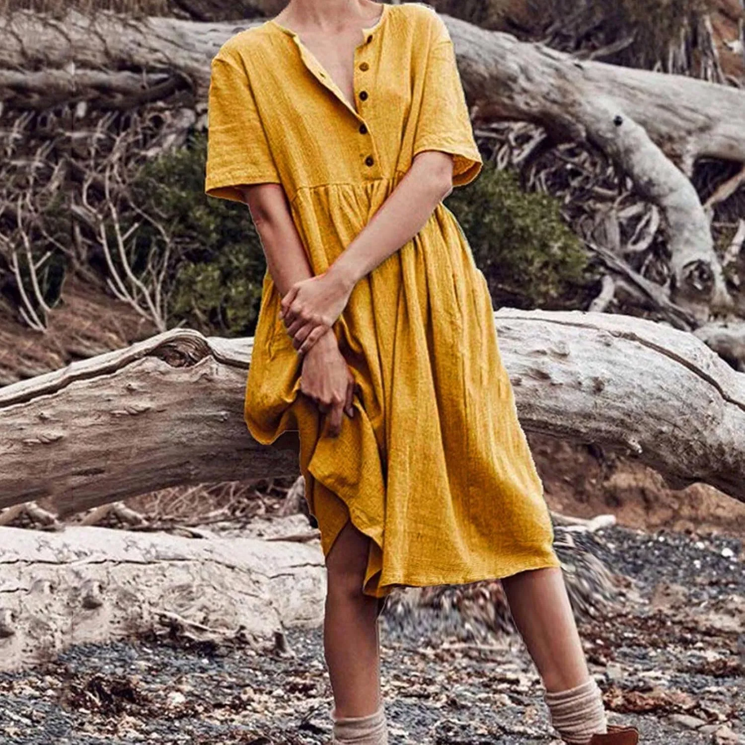 Summer Dresses for Women Casual Cotton Linen Dress Sundress Henley Flowy Vacation Beach Midi Dress