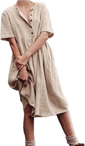 Summer Dresses for Women Casual Cotton Linen Dress Sundress Henley Flowy Vacation Beach Midi Dress
