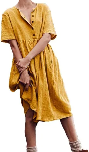 Summer Dresses for Women Casual Cotton Linen Dress Sundress Henley Flowy Vacation Beach Midi Dress