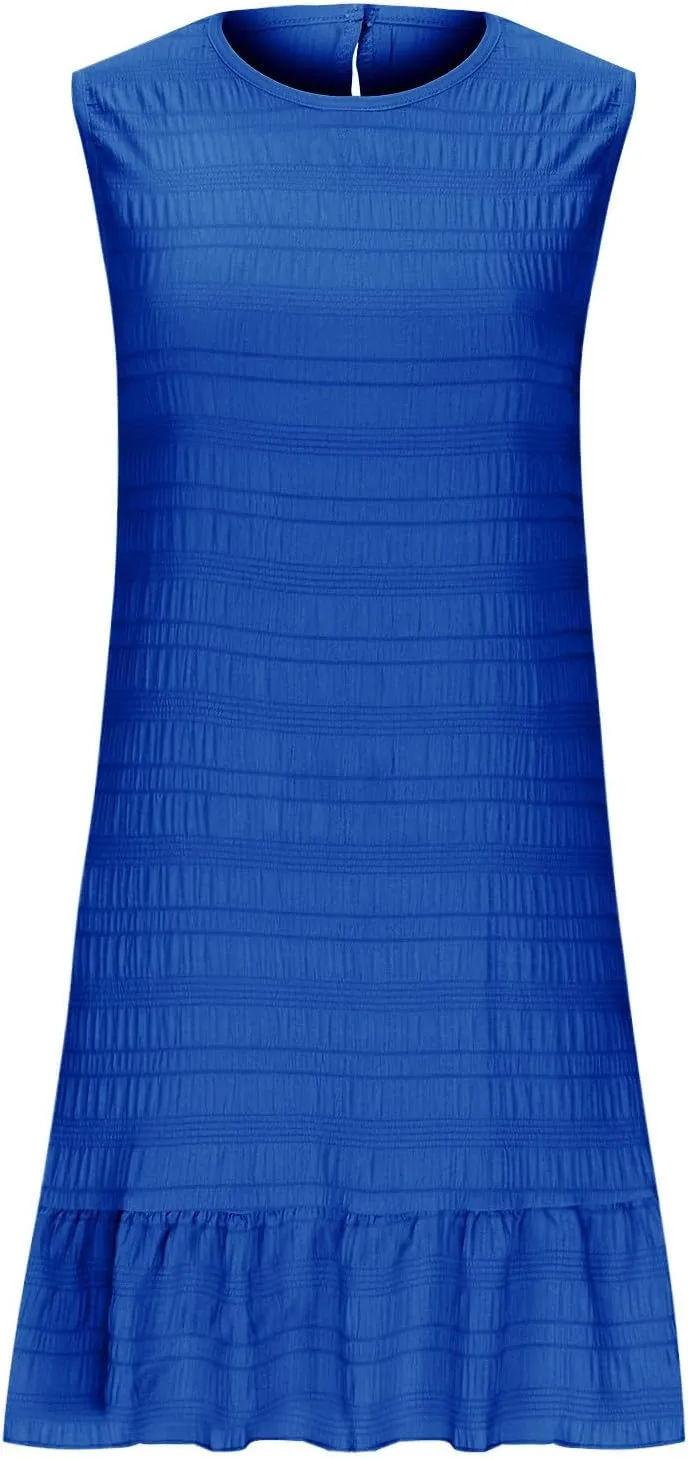 Summer Dresses for Women Casual Crewneck Sleeveless Lightweight Soft Sundresses Ruffle Mini Dresses Clothes