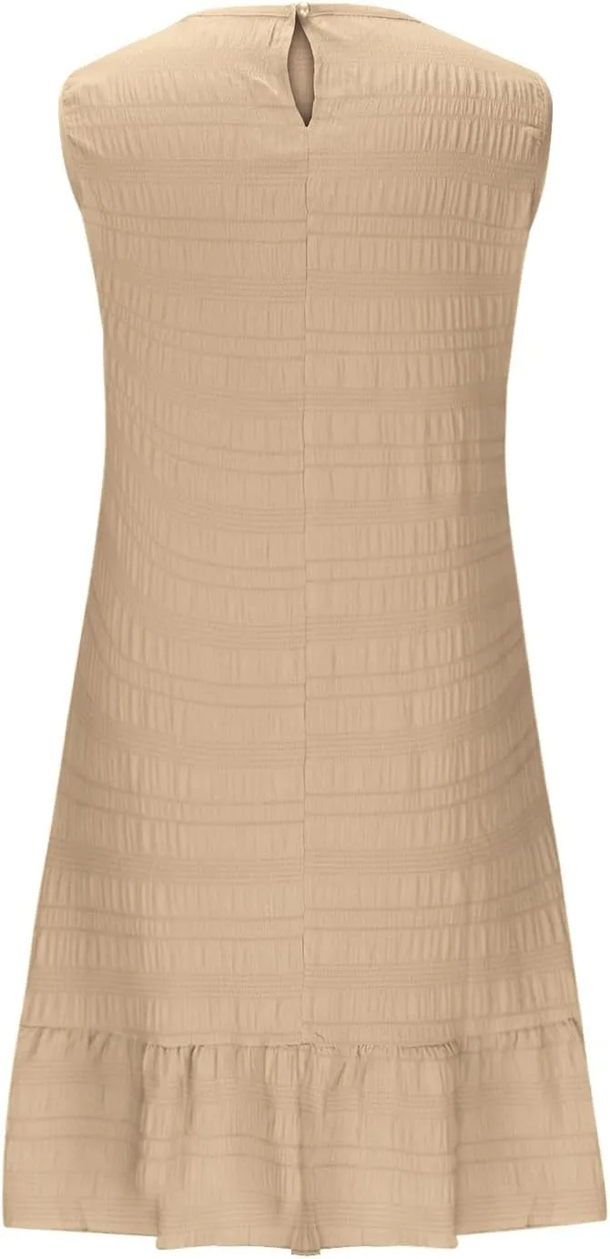 Summer Dresses for Women Casual Crewneck Sleeveless Lightweight Soft Sundresses Ruffle Mini Dresses Clothes