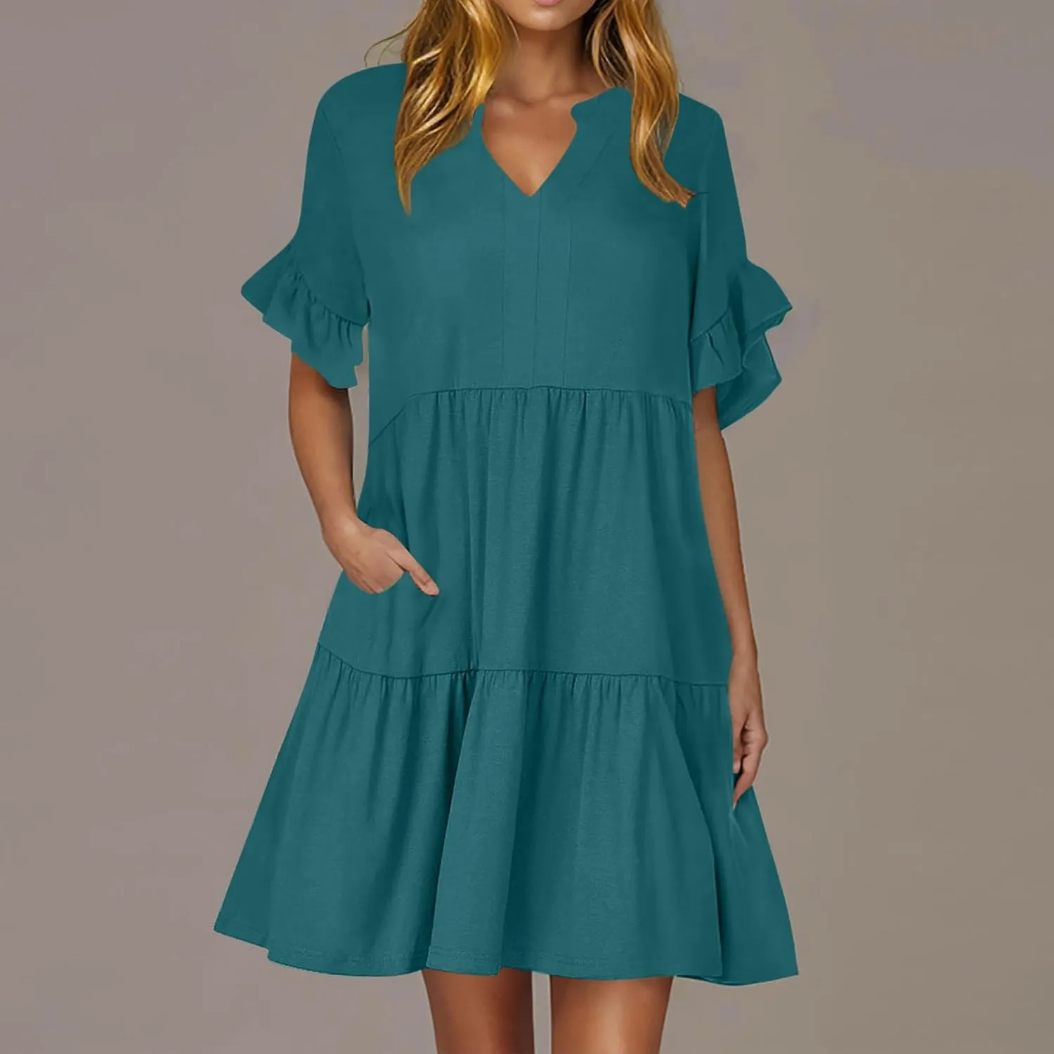 Summer Dresses for Women Casual Ruffle Sleeve Button Down Shirt Dress Tiered Flowy Shift Sundresses with Pockets
