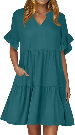 Summer Dresses for Women Casual Ruffle Sleeve Button Down Shirt Dress Tiered Flowy Shift Sundresses with Pockets