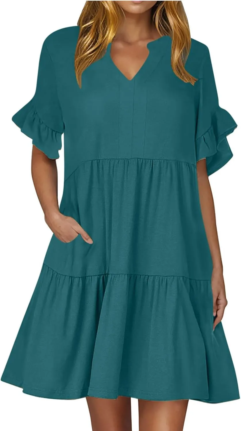 Summer Dresses for Women Casual Ruffle Sleeve Button Down Shirt Dress Tiered Flowy Shift Sundresses with Pockets
