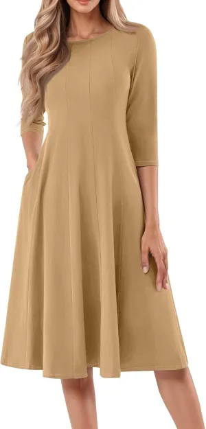 Summer Dresses for Women Crewneck 3/4 Sleeve Dress A Line Dress Spring Midi Casual Flowy with Pocket