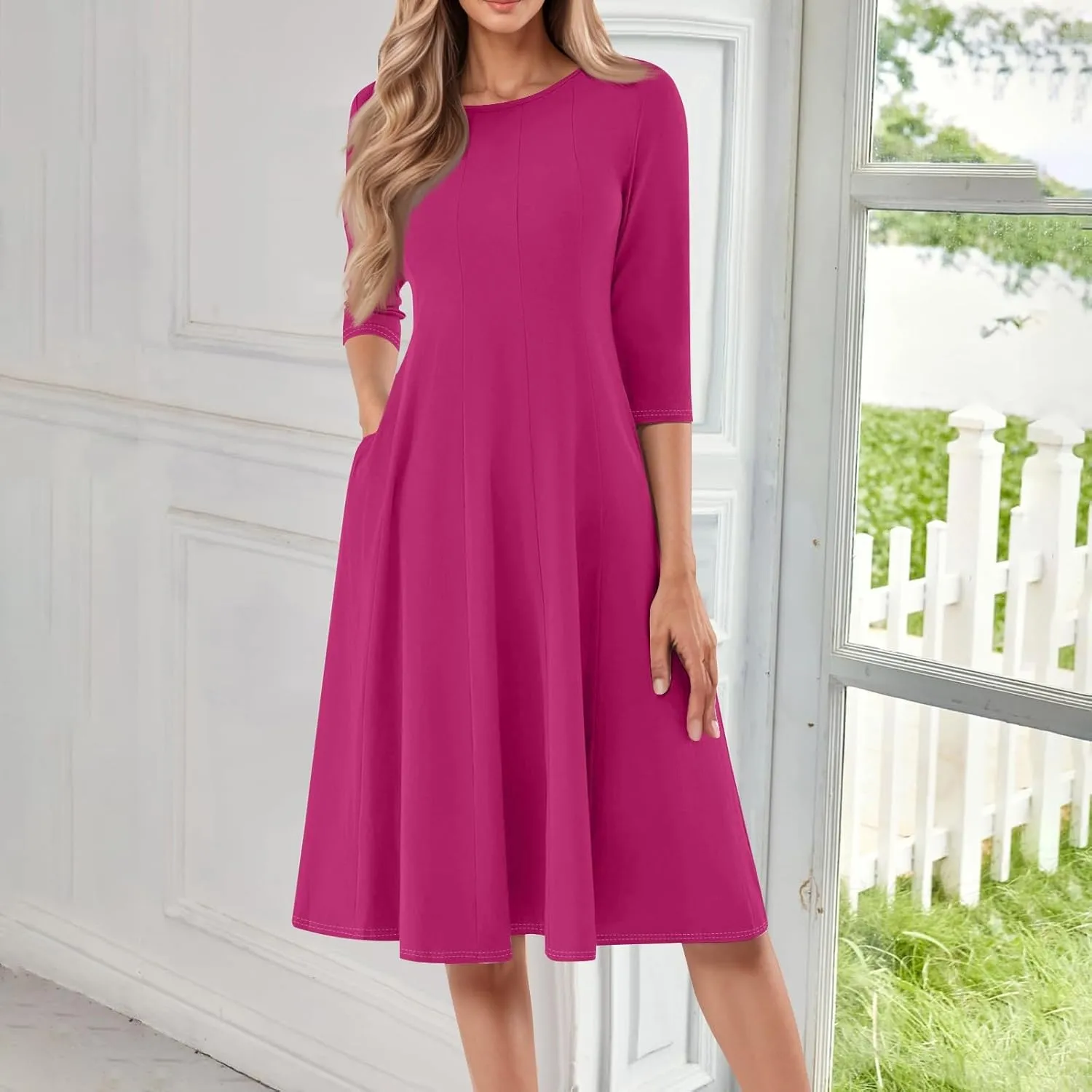 Summer Dresses for Women Crewneck 3/4 Sleeve Dress A Line Dress Spring Midi Casual Flowy with Pocket