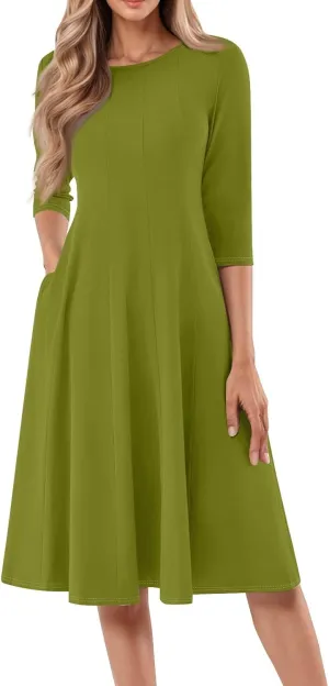 Summer Dresses for Women Crewneck 3/4 Sleeve Dress A Line Dress Spring Midi Casual Flowy with Pocket